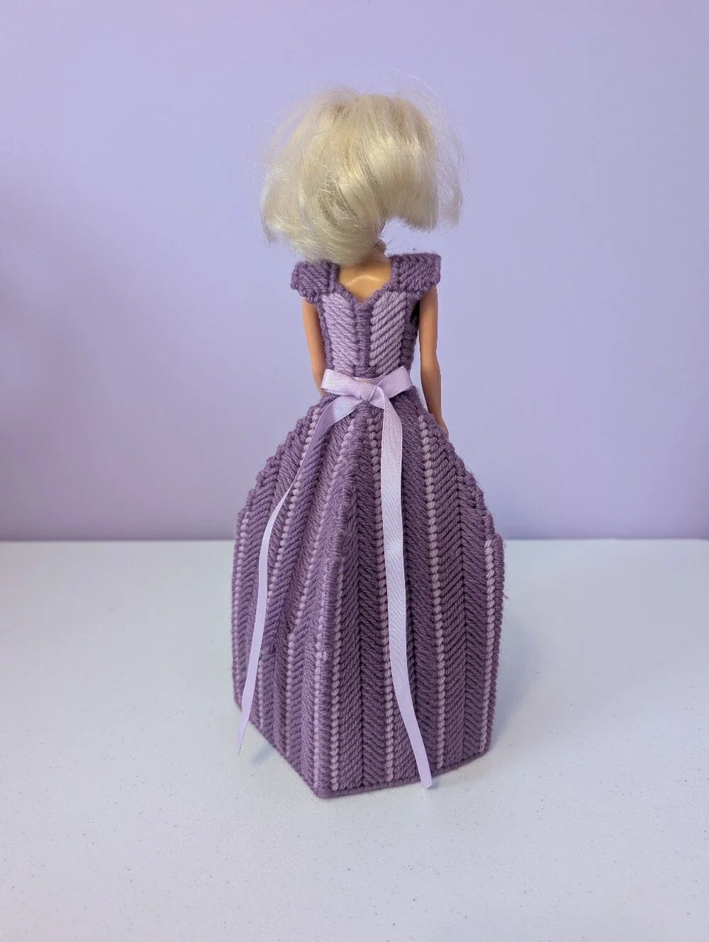 Vintage Toilet Paper Holder Lovely Patsy Doll Purple Stitching On Plastic Canvas